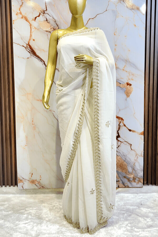 Georgette White bharat zari Sarees